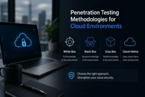 Cloud security testing approach with cloud infrastructure and cybersecurity icons.