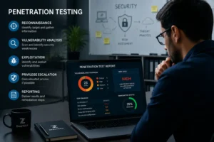 ZealsTECH cybersecurity professional performing a penetration testing service on a laptop with security icons.