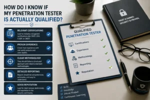 Infographic showing checklist for a qualified penetration testing service with certifications, experience, and methodology.